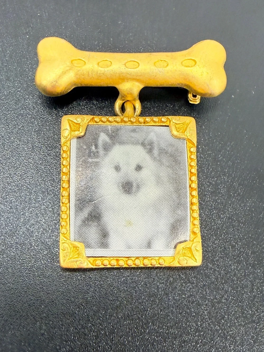 Vintage JJ Dog Photo Frame Bone Dangle Brooch Gold Tone